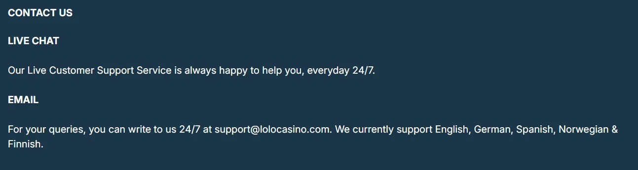 Lolo Casino support